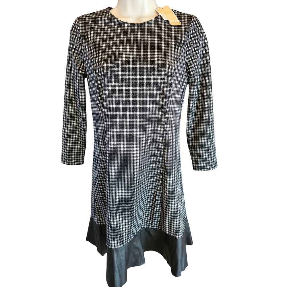 NWT Michael Kors Black White Plaid Faux Leather
Trim Chic Career shift PS PETITE